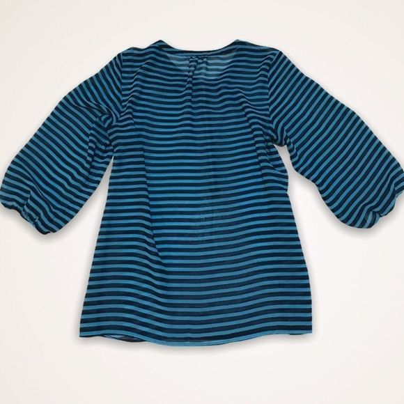LOFT Teal & Navy Striped Half Button Sheer Blouse - Picture 3 of 6